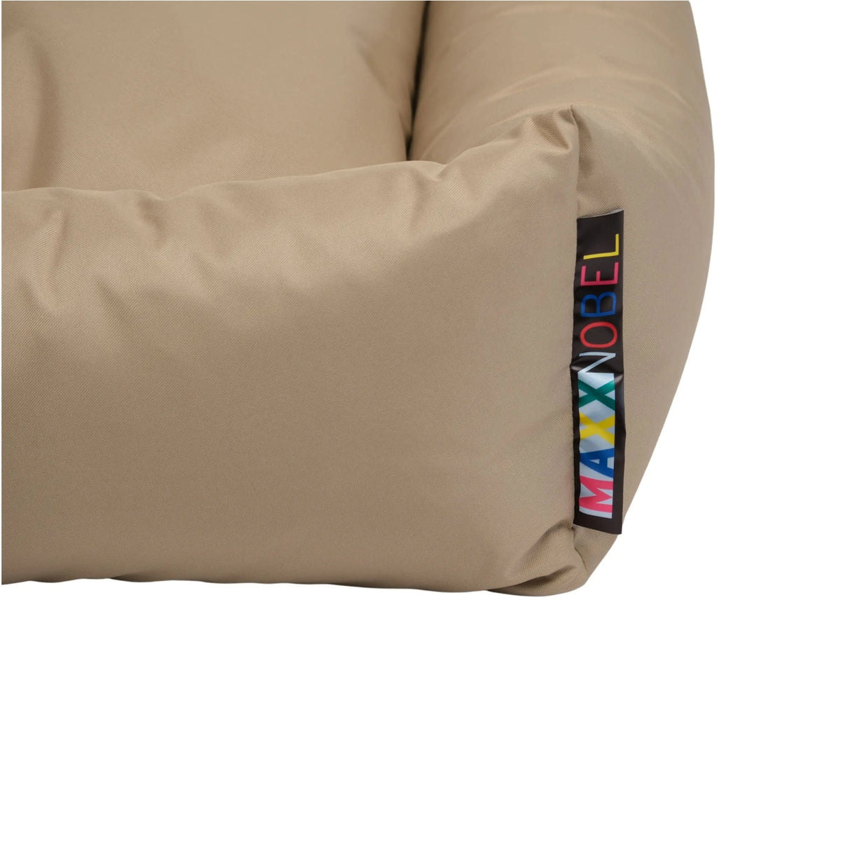 Beige orthopedische hondenmand van zacht stof met kleurrijk maxxnobel merklabel aan de zijkant