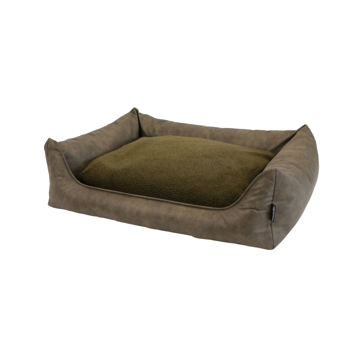 Orthopedische hondenmand olijf met lederlook buitenkant en zachte, comfortabele kussen binnenkant