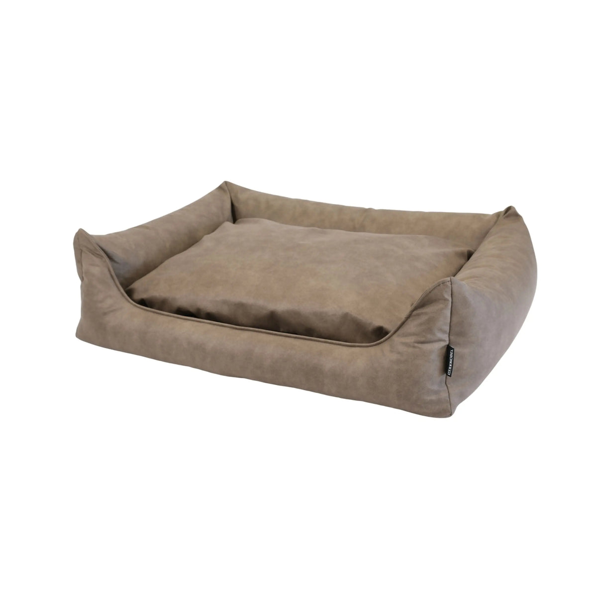 Beige orthopedische hondenmand in lederlook met zachte taupe kussen voor optimaal ligcomfort