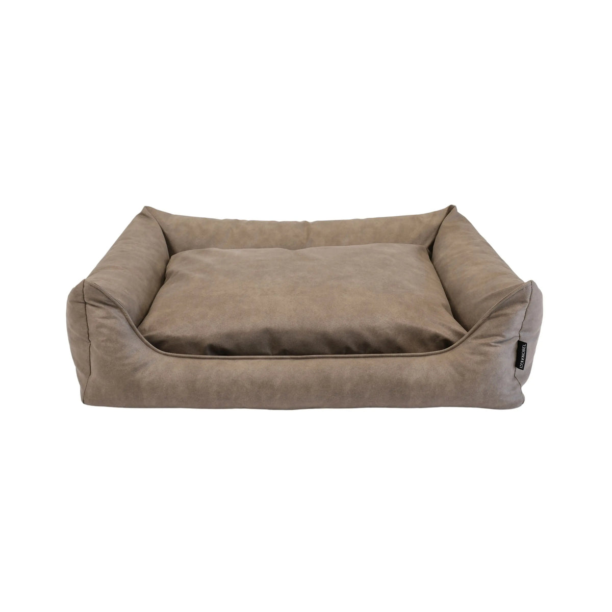 Orthopedische hondenmand taupe lederlook met beige suède uitstraling en zachte, gewatteerde zijkanten