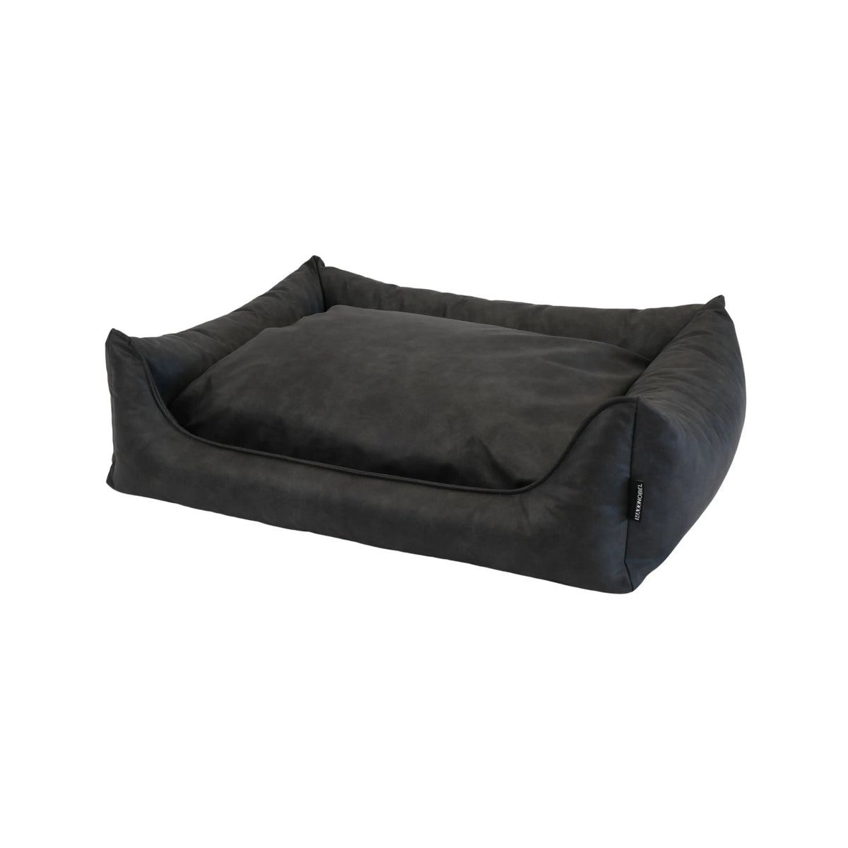 Orthopedische hondenmand lederlook antraciet met zwarte stof, zachte kussens en opstaande zijkanten voor comfort