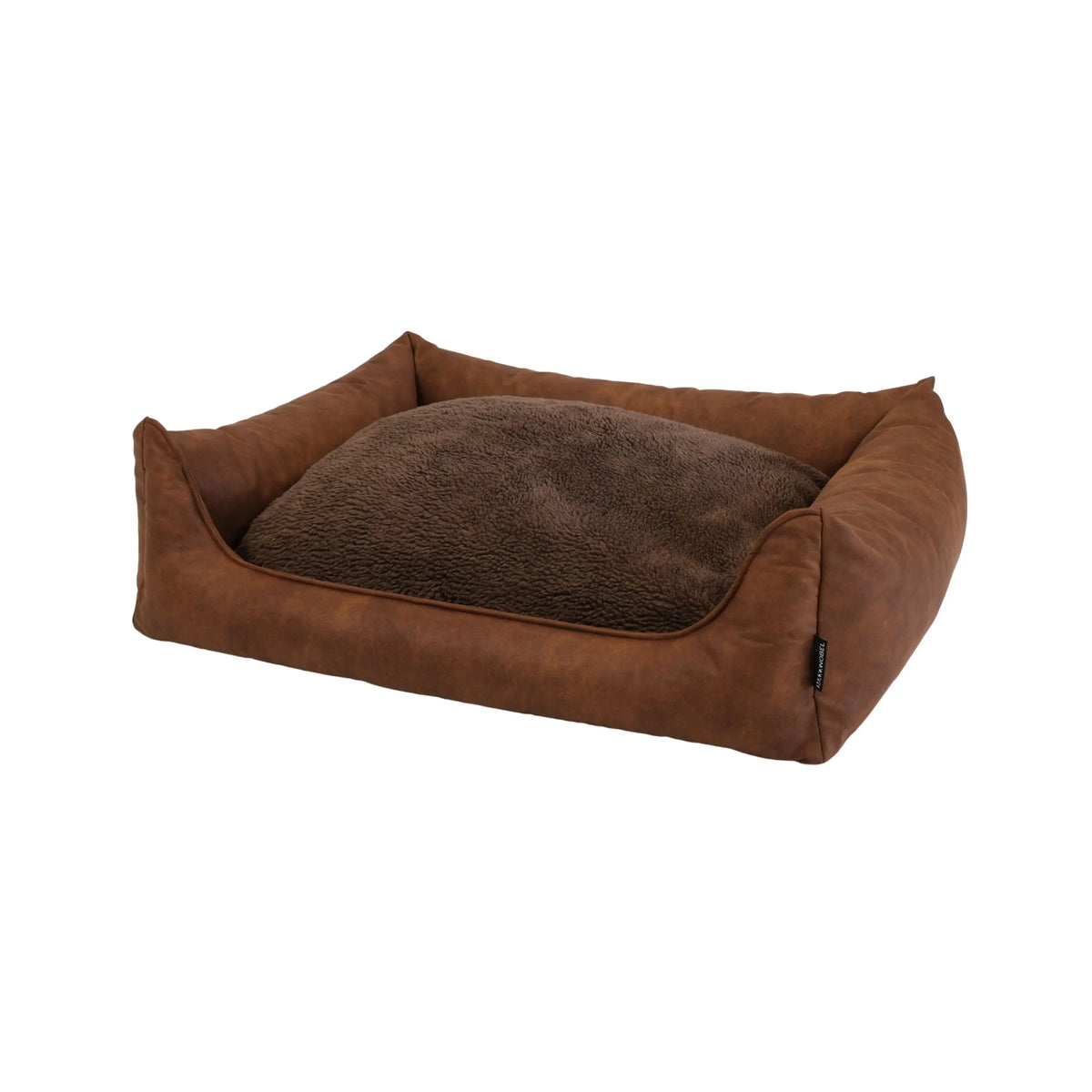 Orthopedische hondenmand in cognac lederlook met bruine faux leren buitenkant en donkeren zachte kussen binnenin