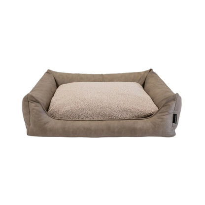 Beige orthopedische hondenmand met zachte sherpa voering en stevig leerlook buitenmateriaal in taupe kleur