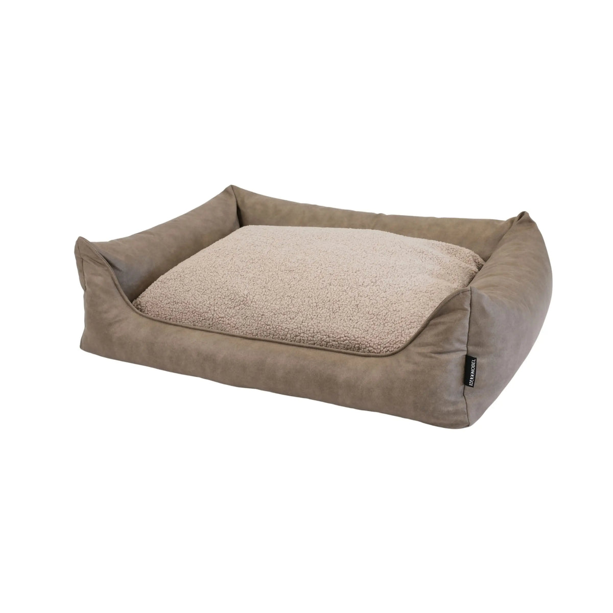Beige orthopedische hondenmand met zachte sherpa voering en stevige lederlook buitenkant in taupe kleur