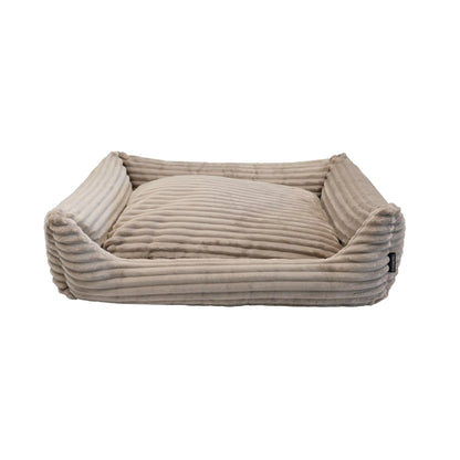Beige nova rib orthopedische hondenmand met zachte ribbelige corduroy en stevig kussen voor comfort