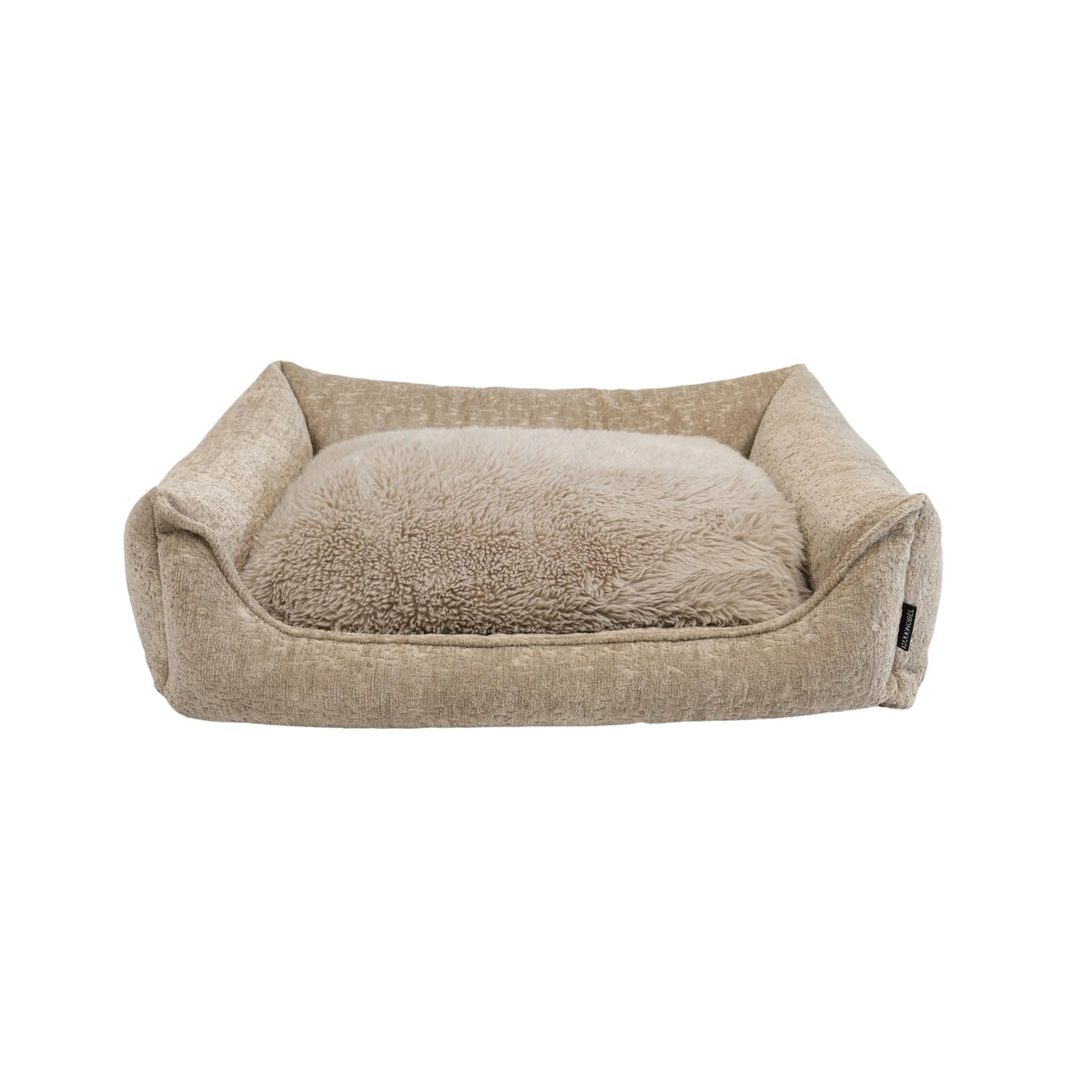 Beige orthopedische hondenmand ruby met zachte, pluche en textuurlijke buitenstof en een donzige binnenvoering