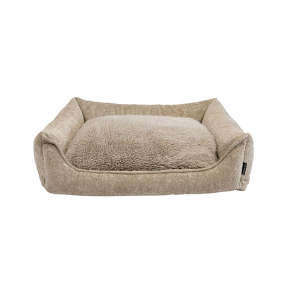 Beige orthopedische hondenmand ruby met zachte, pluche en textuurlijke buitenstof en een donzige binnenvoering