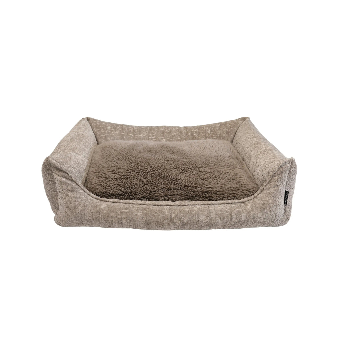 Beige orthopedische hondenmand ruby met een zachte taupe faux fur inzet voor extra comfort