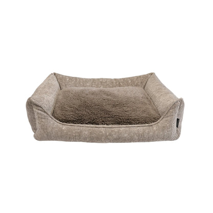 Beige orthopedische hondenmand ruby met een zachte taupe faux fur inzet voor extra comfort