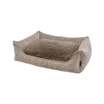 Beige orthopedische hondenmand ruby met taupe textuur en donzige antraciet binnenkant voor extra comfort